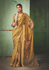Sandy Brown Tussar Silk Floral Print Saree-4470